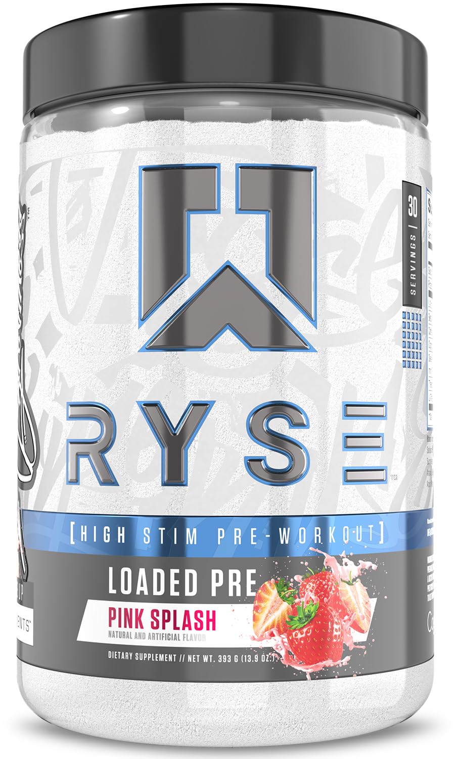 RYSE Loaded Pre-Workout Pink Splash tub front highlighting premium formula for workouts.