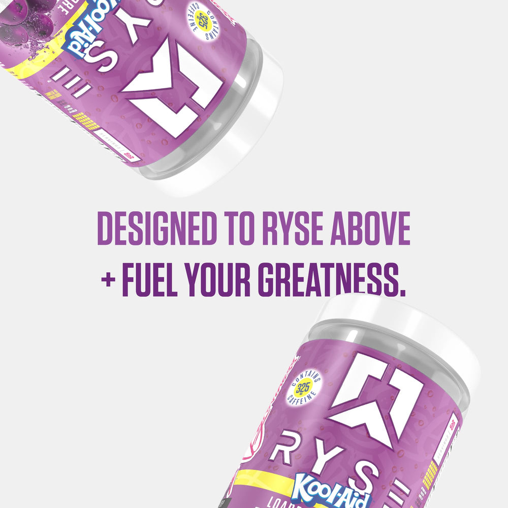 RYSE Kool-Aid Grape mix in gym setting signals ready-to-train focus.