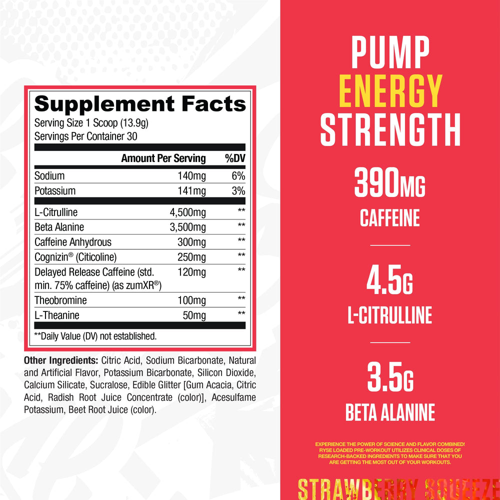 RYSE Loaded Pre Workout Bottle Strawberry Squeeze on the go energy and focus before training.