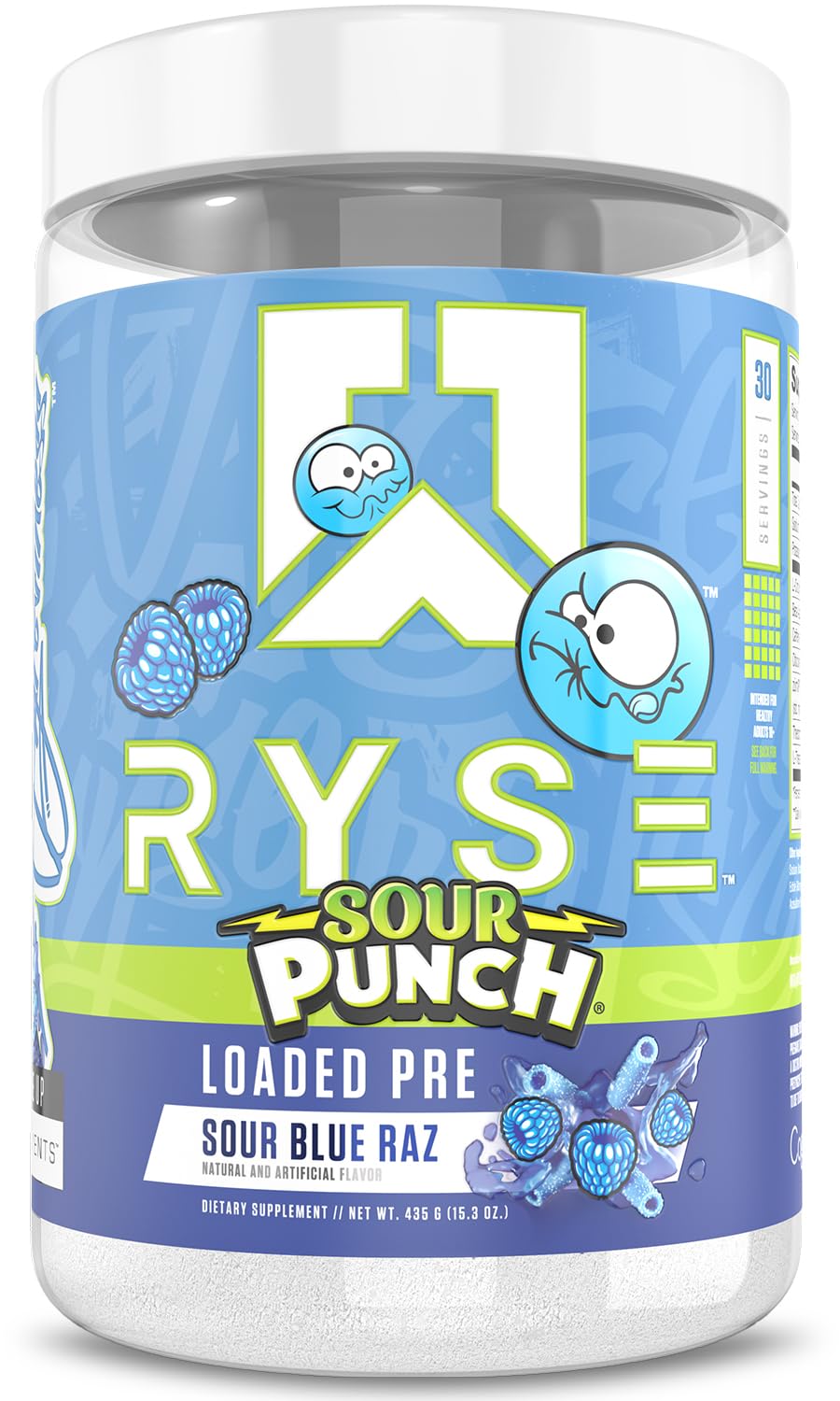 RYSE Loaded pre-workout jar front with Sour Punch Blue Raz flavor for an energy boost