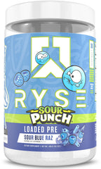 RYSE Loaded pre-workout jar front with Sour Punch Blue Raz flavor for an energy boost
