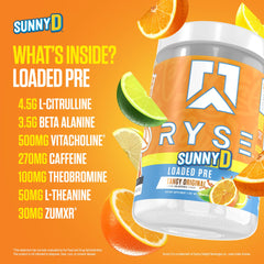 RYSE Loaded SunnyD Tangy Original ingredient panel highlighting Citrulline and Beta-Alanine for performance