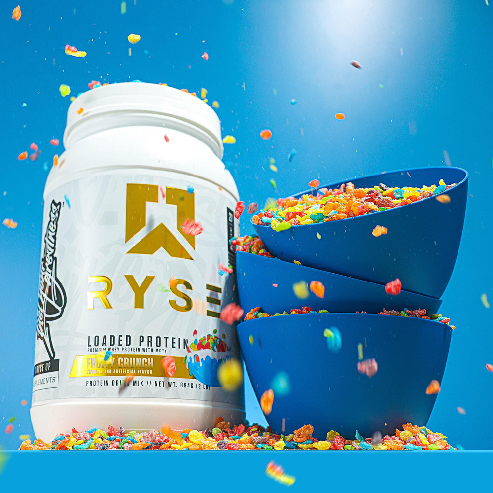 RYSE Loaded Protein Fruity Crunch ingredient panel with prebiotic fiber and MCTs