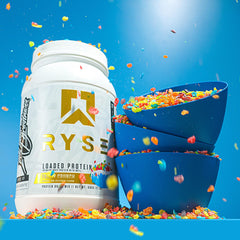 RYSE Loaded Protein Fruity Crunch ingredient panel with prebiotic fiber and MCTs