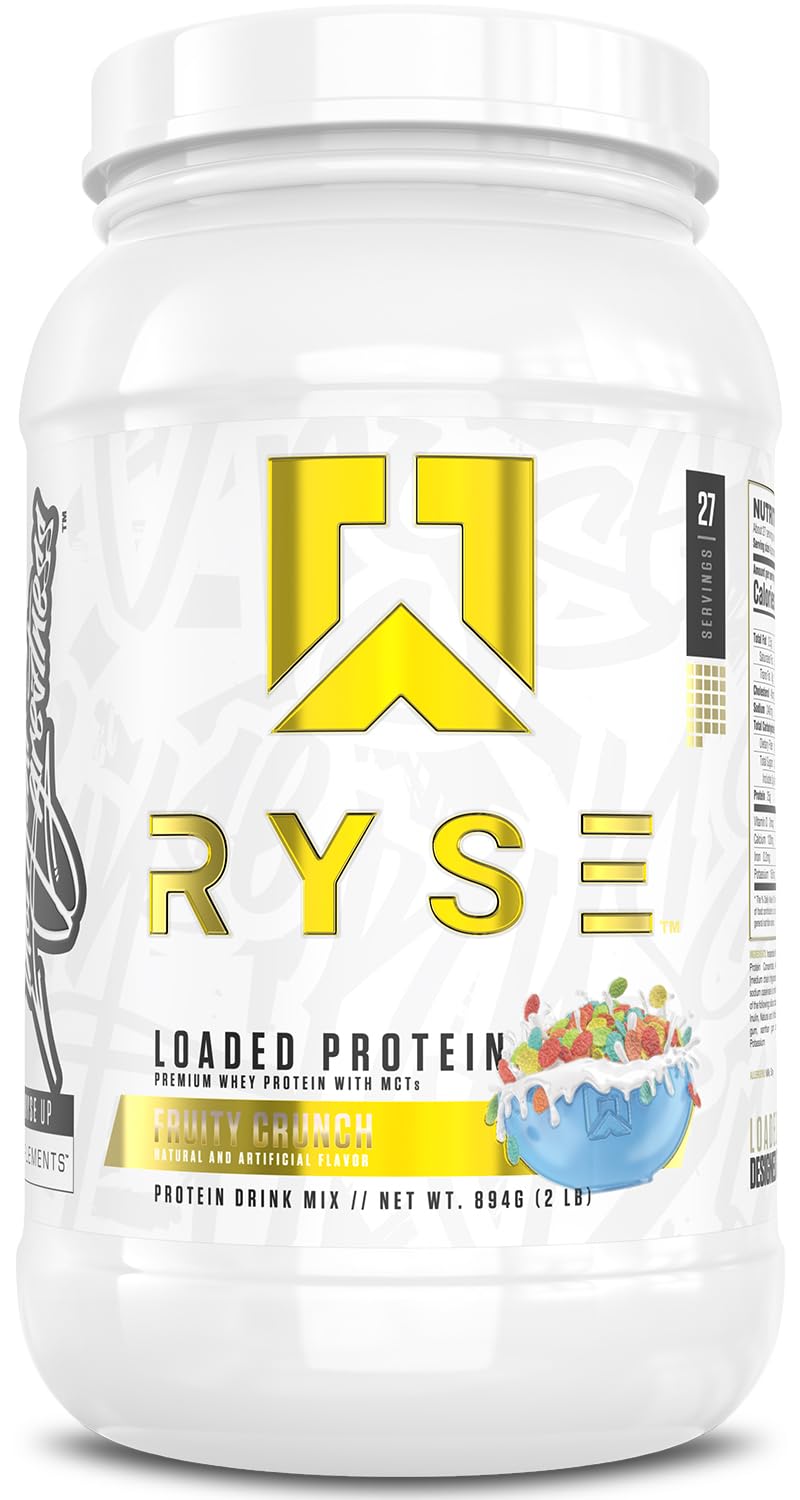 RYSE Loaded Protein Fruity Crunch tub front emphasizes premium formula for muscle recovery