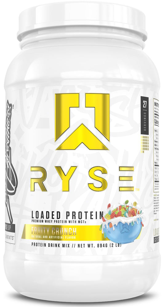 RYSE Loaded Protein Fruity Crunch tub front emphasizes premium formula for muscle recovery