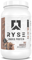 RYSE Loaded Protein Milk Chocolate tub front view highlights premium protein for lean gains.