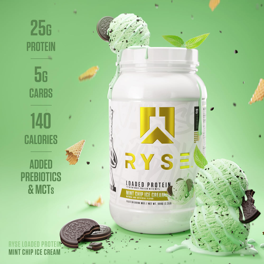 RYSE Loaded Protein Mint Chip scoop shows serving size and creamy texture