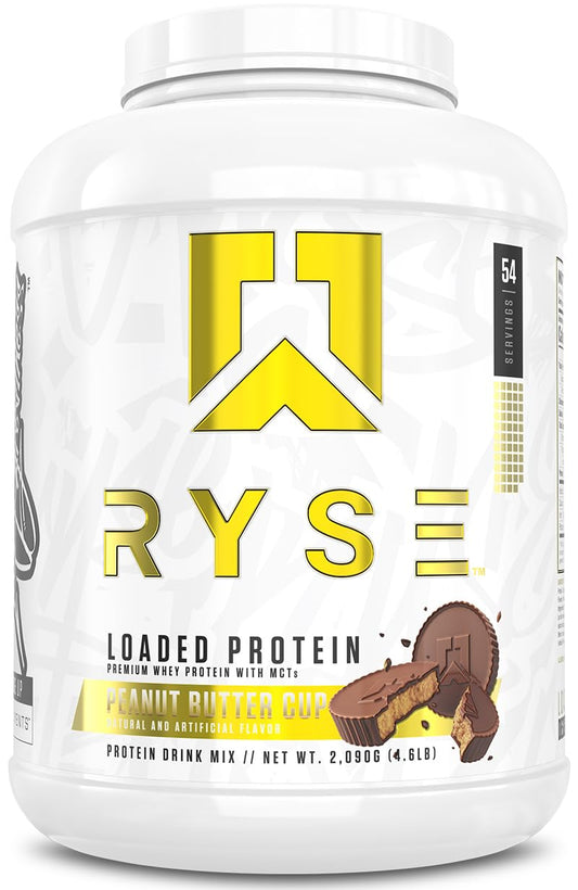 RYSE Loaded Protein Powder Peanut Butter Cup tub front for post-workout recovery.