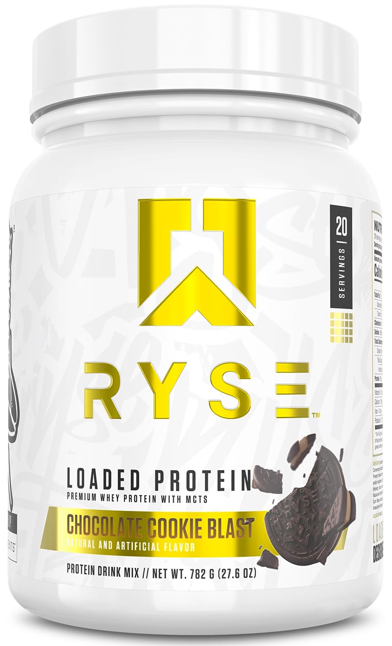 RYSE Loaded Protein Powder bottle pouring Chocolate Cookie Blast for a smooth shake