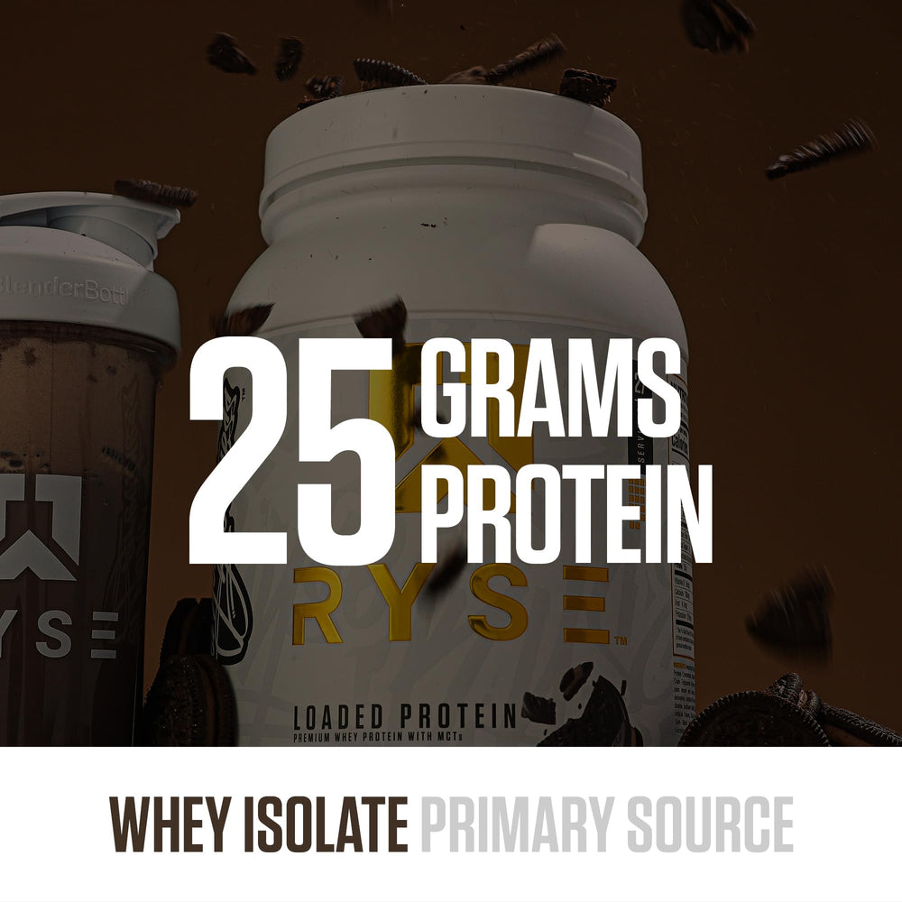 RYSE Loaded Protein Powder being mixed into a creamy shake for quick recovery