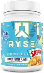RYSE Loaded Protein Powder Skippy Peanut Butter packaging highlights premium protein for performance