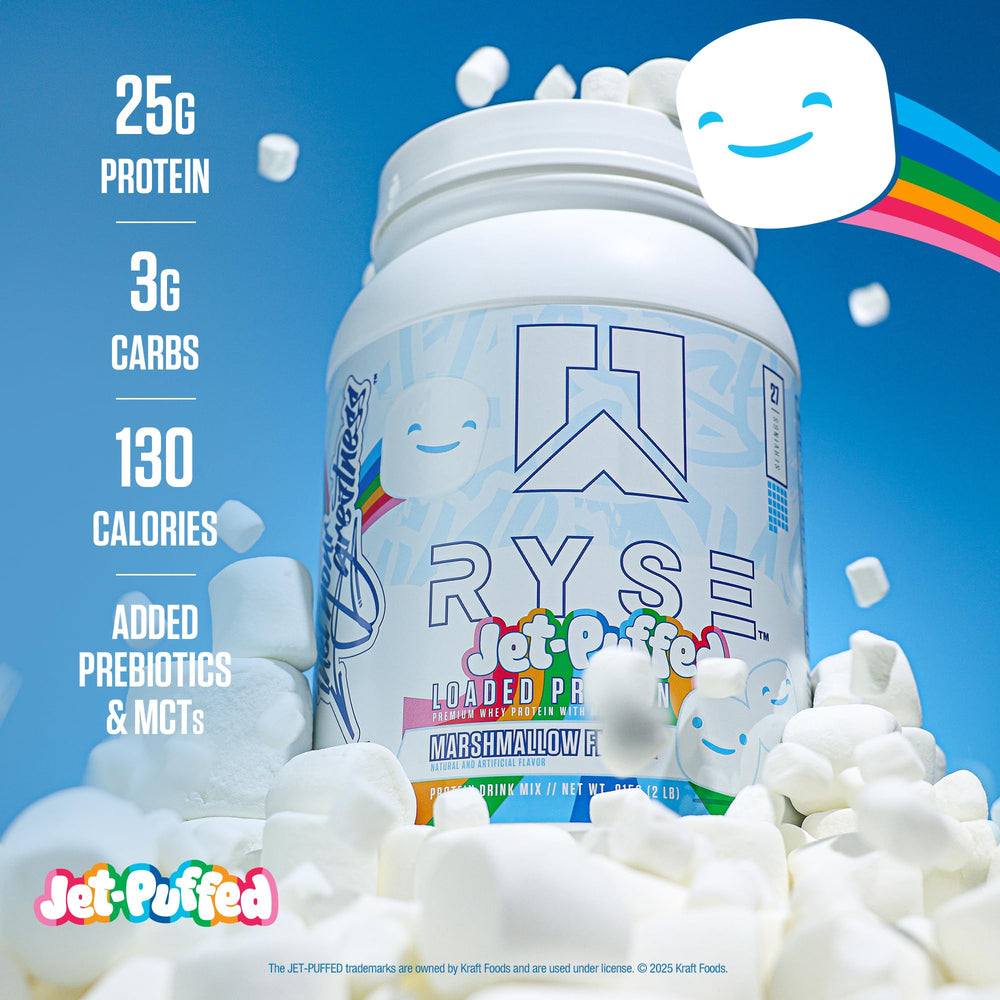 Label highlights prebiotic fiber in Ryse Loaded Protein for digestive-friendly nutrition.