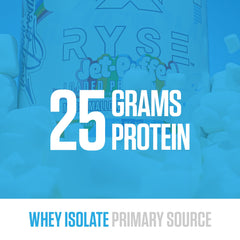 Close-up of Ryse Loaded Protein whey blend label highlighting the blend.