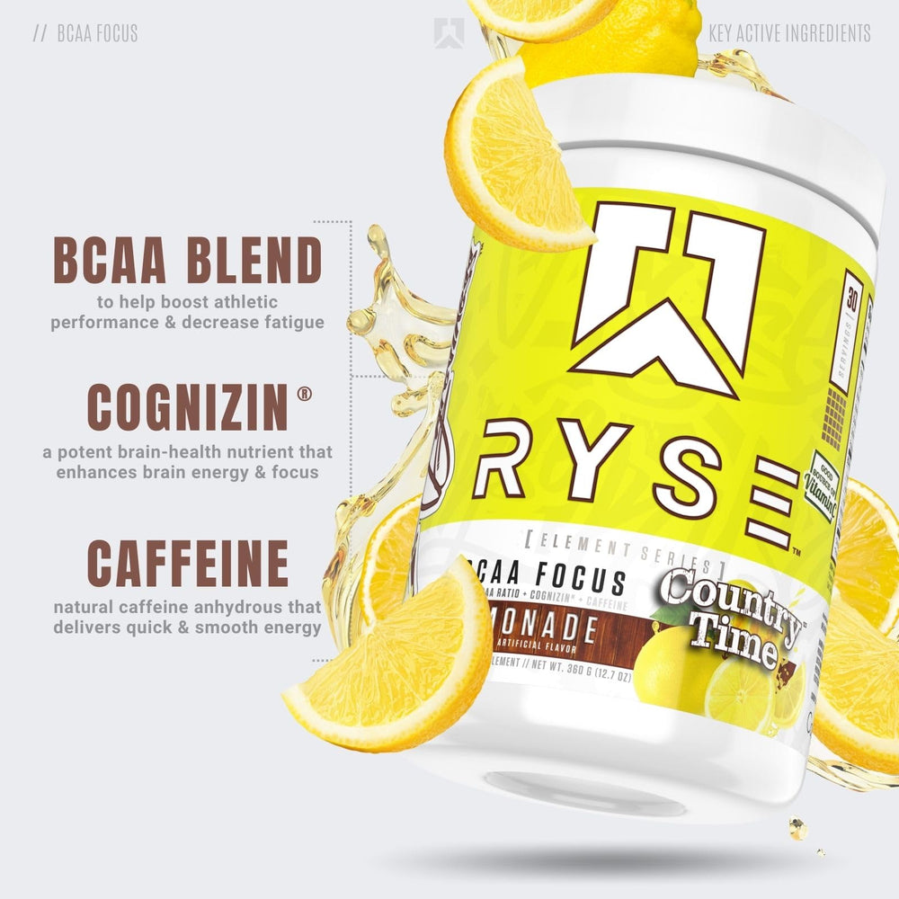 RYSE Up BCAA Focus Lemonade dissolving in water for steady energy.