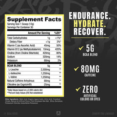 RYSE Up BCAA Focus Lemonade tub with servings for electrolyte hydration.