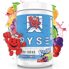 RYSE Up BCAA Focus Powder bottle with Kool-Aid Tropical Punch flavor for hydration and steady energy