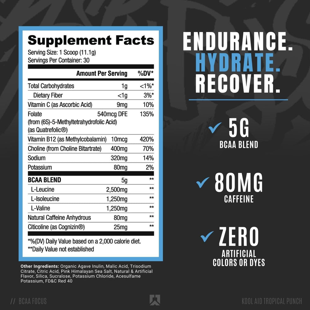 Scoop of RYSE Up BCAA Focus Powder showing dose for workout fueling and focus