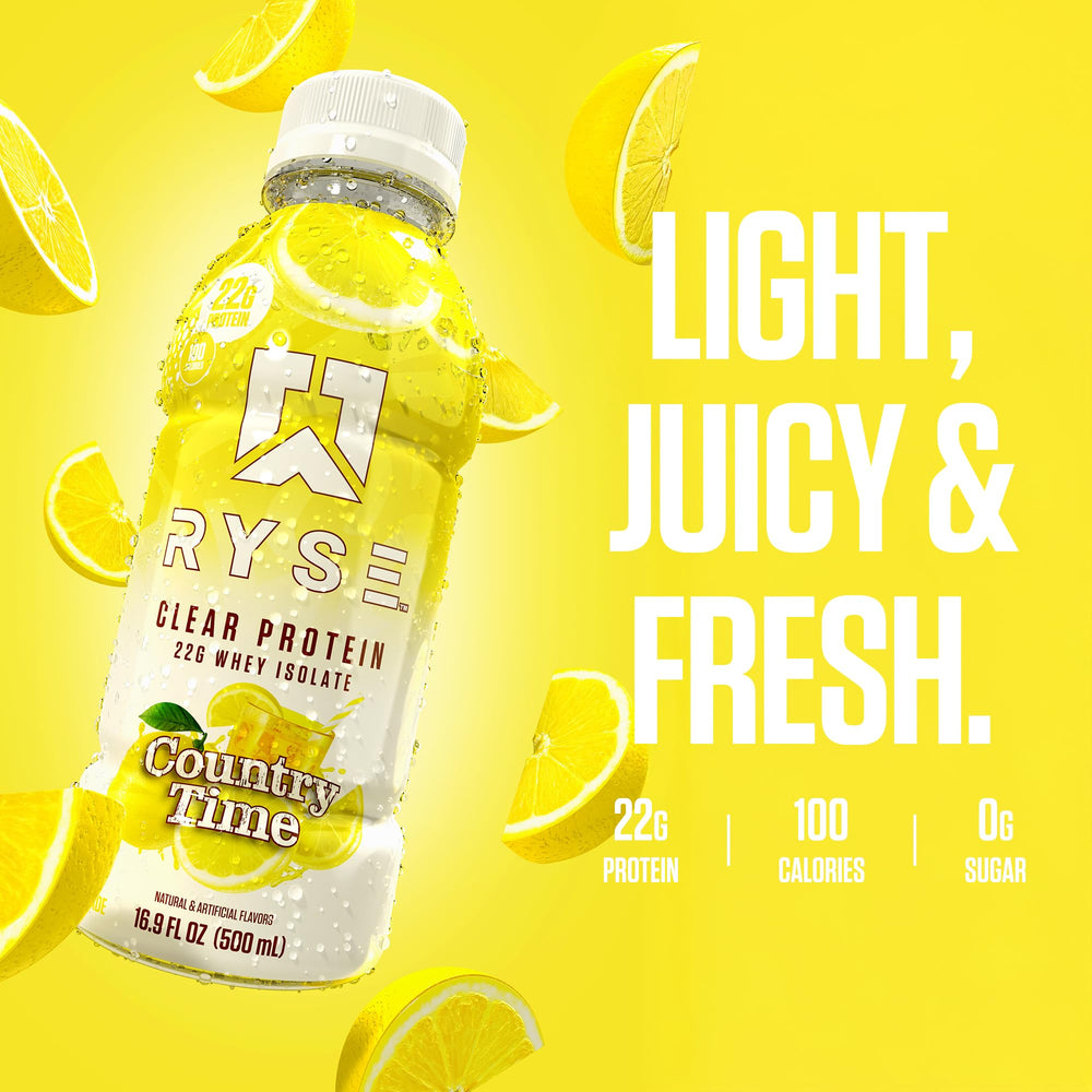 GYM bag scene featuring RYSE Up Clear Protein Drink Country Time Lemonade