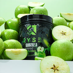 RYSE Up Godzilla Green Apple label close-up highlighting caffeine per serving.