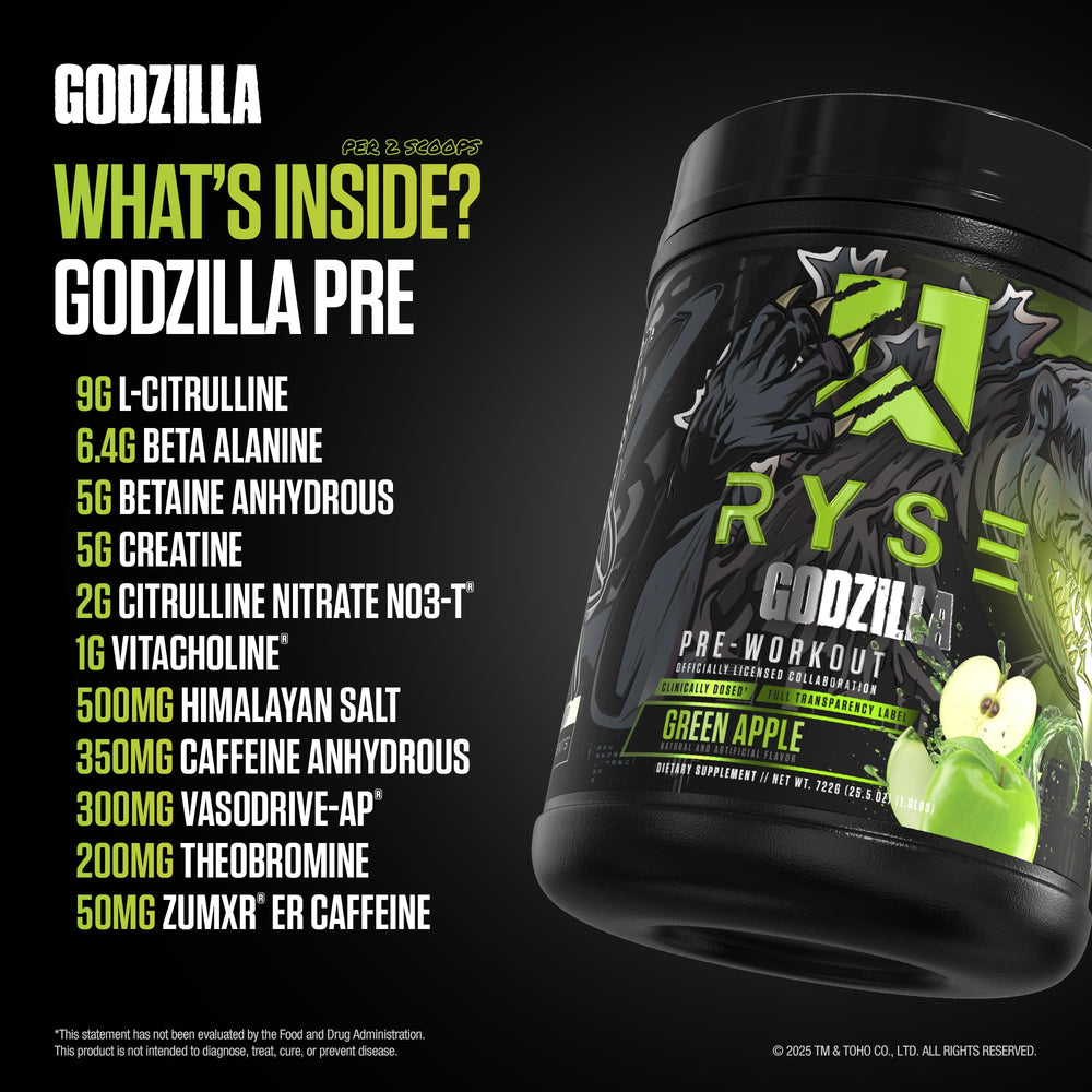 RYSE Up Godzilla Green Apple mixed drink in a shaker ready for training.