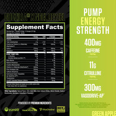RYSE Up Godzilla Green Apple serving scoop at label for consistent energy.