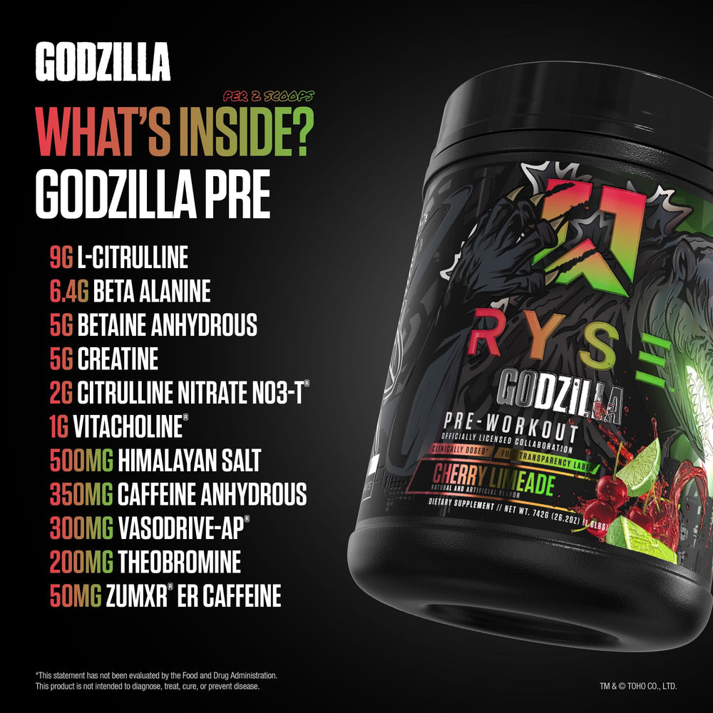 RYSE Godzilla label on tub emphasizes high-stim formula and 400 mg caffeine content.
