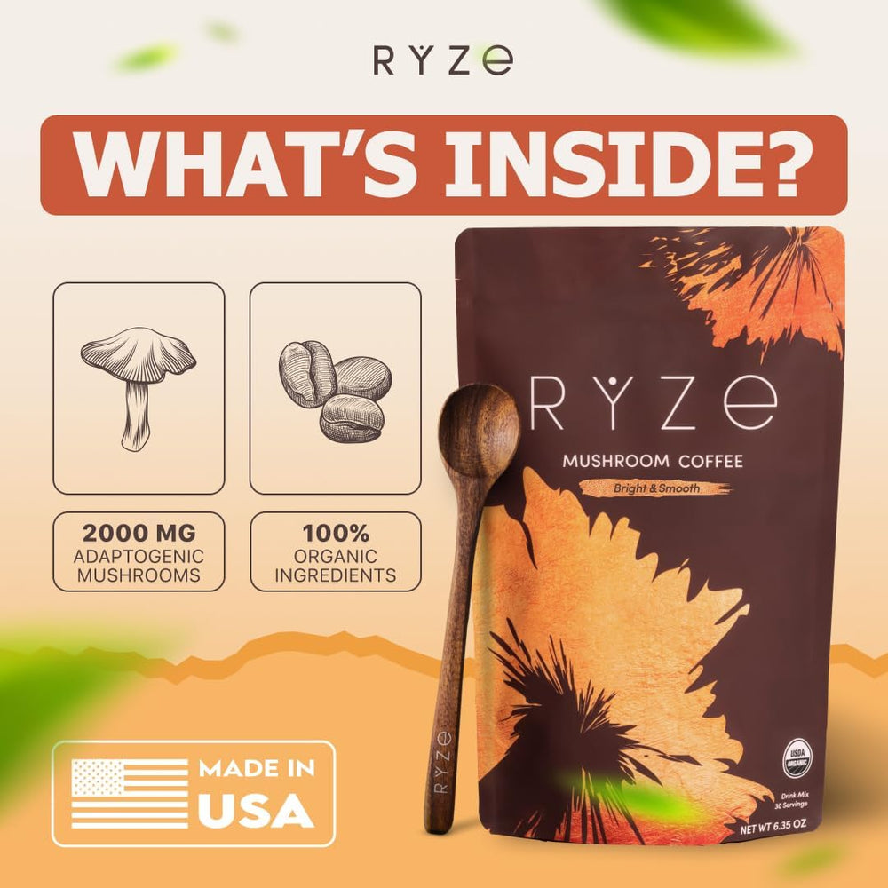 RYZE 30-serving bag displayed for everyday caffeine with less jitters.