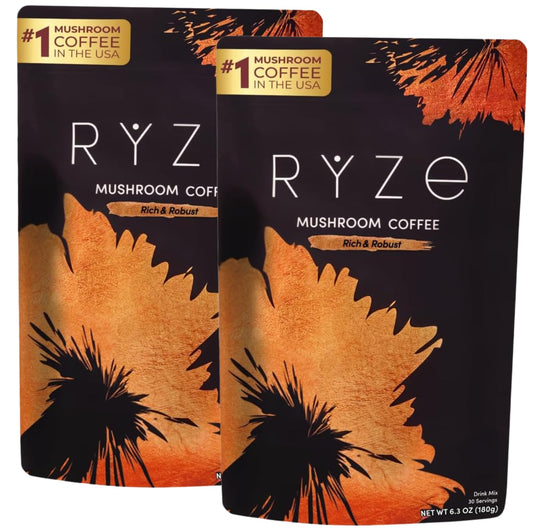 RYZE Mushroom Dark Roast Coffee in a mug for steady energy.