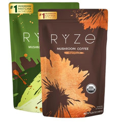RYZE Mushroom Coffee Bundle packaging highlights organic blend and mushrooms for daily energy.