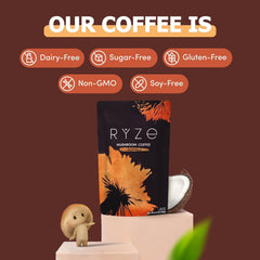 RYZE six-mushroom adaptogenic blend highlighting Cordyceps, Lion's Mane, Reishi, Shiitake.