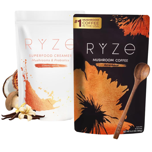 RYZE Superfoods dark roast coffee bag image shows bold aroma and rich flavor for morning energy.