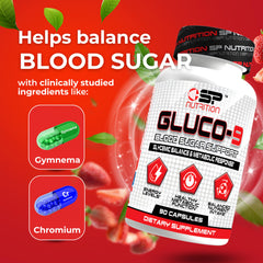 S Nutrition Gluco 9 bottle-label features cinnamon, chromium, and alpha lipoic acid ingredients