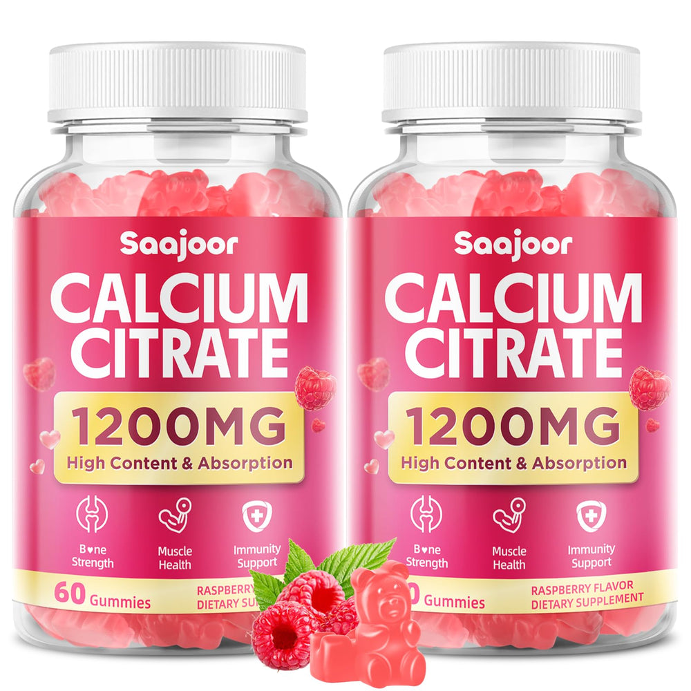 Saajoor calcium citrate gummies raspberry bottle offering convenient daily calcium support