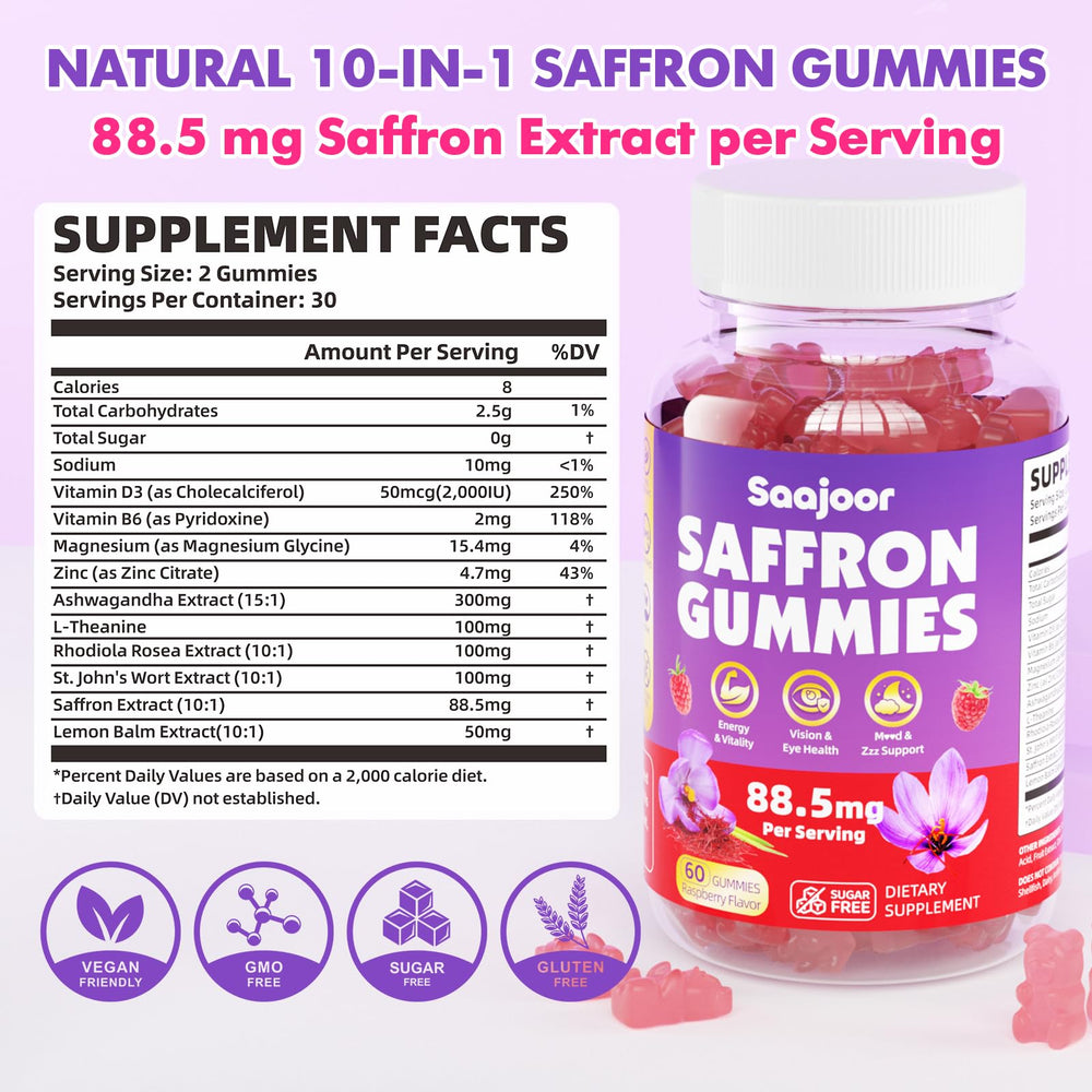 Saajoor saffron gummies bottle on desk for convenient daily wellness.
