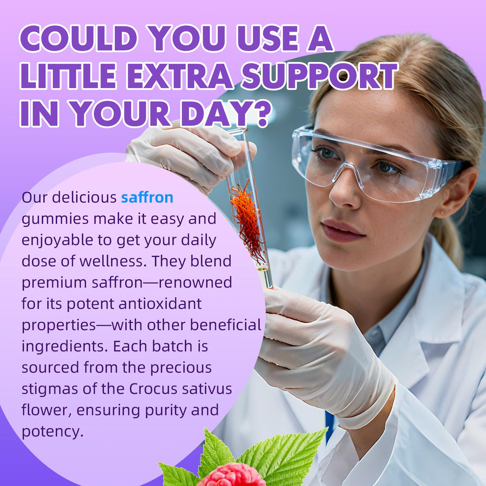 Saajoor saffron gummies label emphasizes vegan and gluten-free benefits.