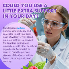 Saajoor saffron gummies label emphasizes vegan and gluten-free benefits.