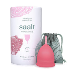 Saalt menstrual cup regular Himalayan Pink—leak-free all-day protection.