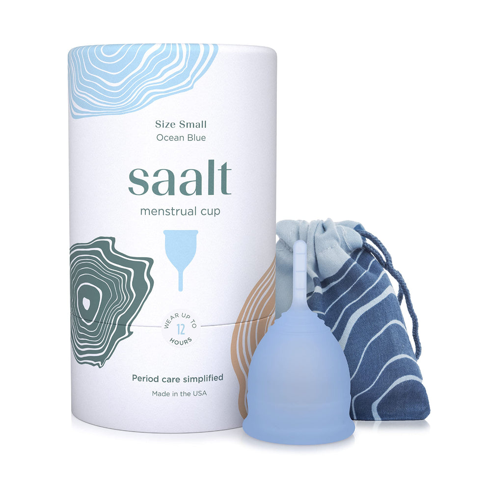 Saalt menstrual cup small ocean blue edition, up to 12 hours leak-free protection during activities.
