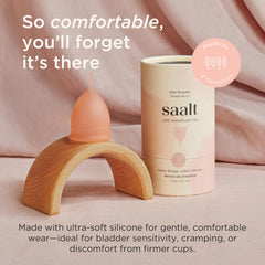 Packaging of Saalt Soft cup with carry bag for discreet storage.