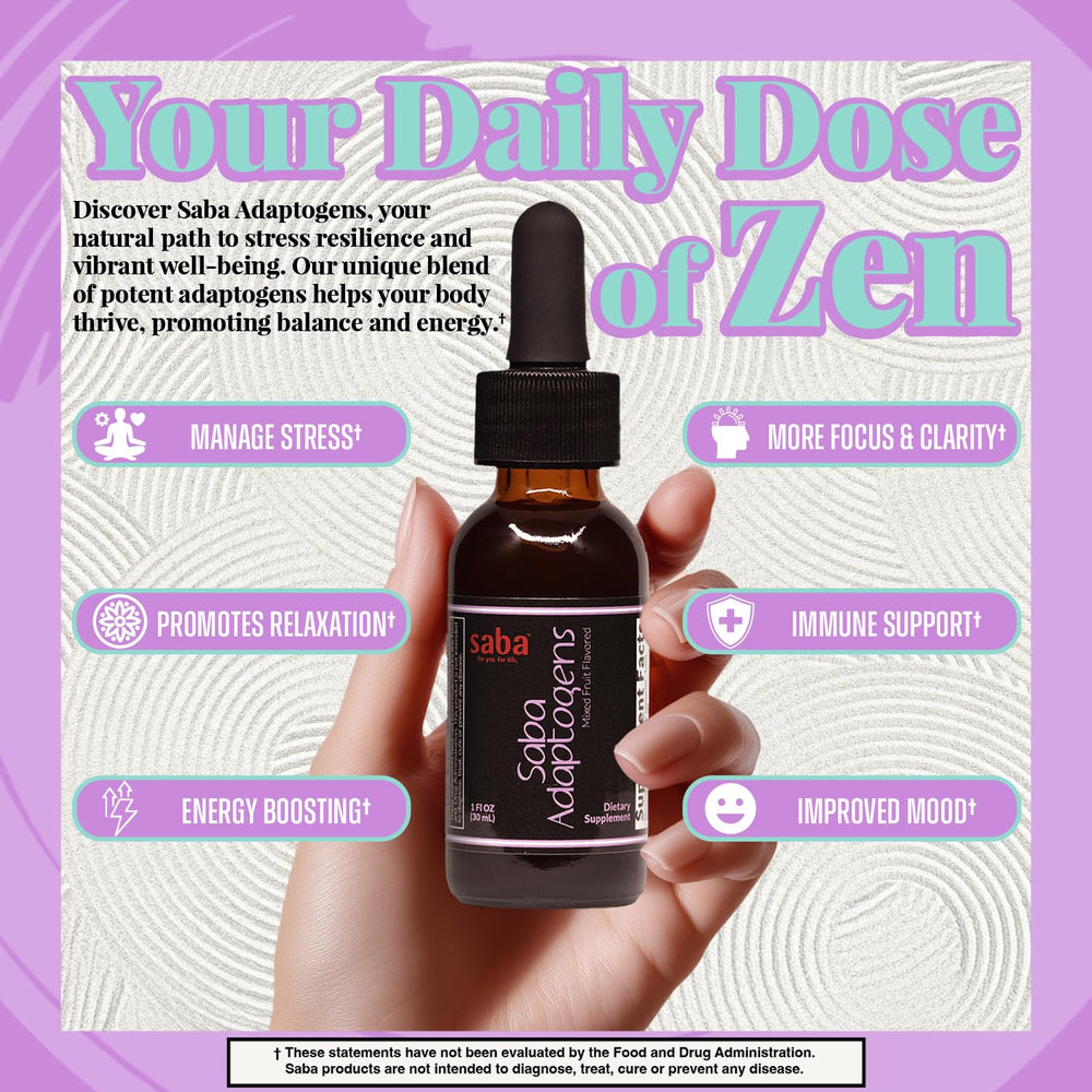 Saba Adaptogens ginger drops on countertop for daily mood balance