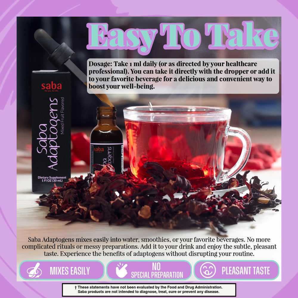 Saba Adaptogens ginkgo-acai drops highlight calm energy and adaptation