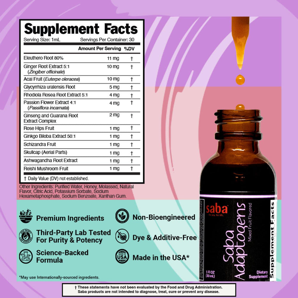 Saba Adaptogens rhodiola drops showing label for focus