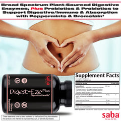 Saba Digestive-EZE Plus bottle pour demonstrates convenient use after meals.