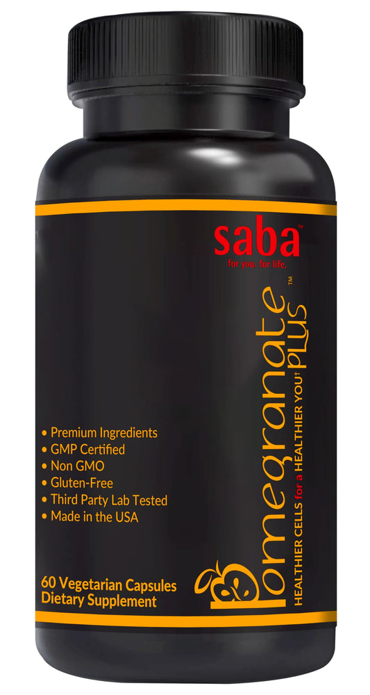 Saba Pomegranate Plus bottle with capsules for daily antioxidant support