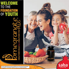 Saba Pomegranate Plus capsules close-up highlighting vitamins and minerals