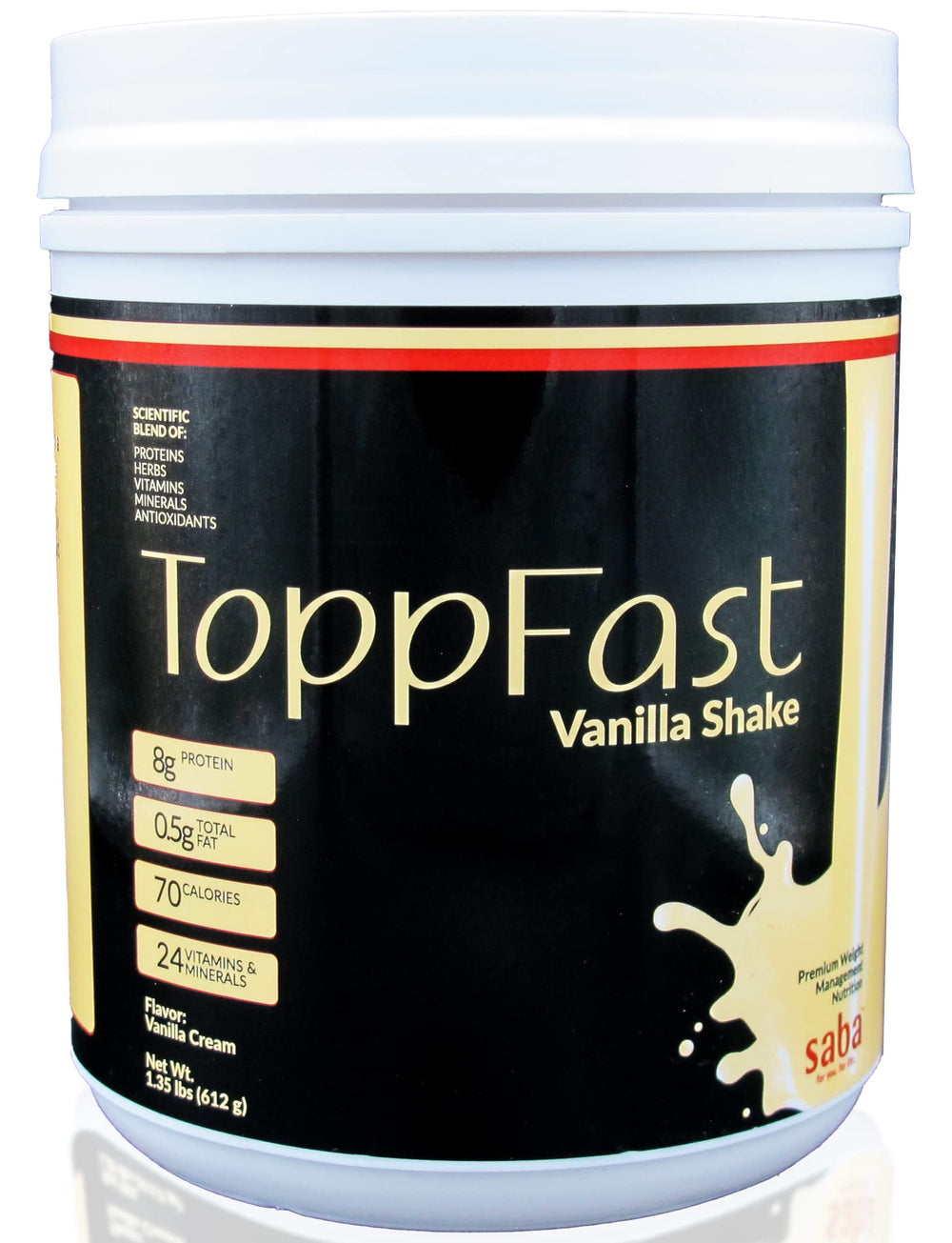 Saba ToppFast vanilla bottle for post-workout protein boost.