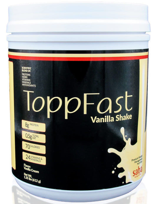 Saba ToppFast vanilla bottle for post-workout protein boost.