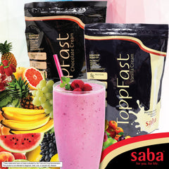 Glass of Saba ToppFast vanilla shake as a light meal option.