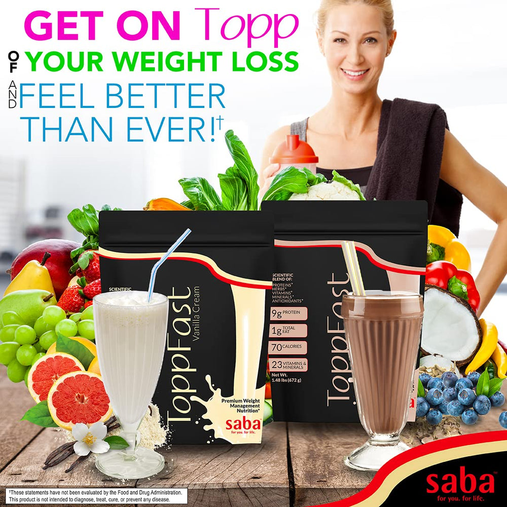 Saba ToppFast vanilla ingredients close-up showing protein and fiber.